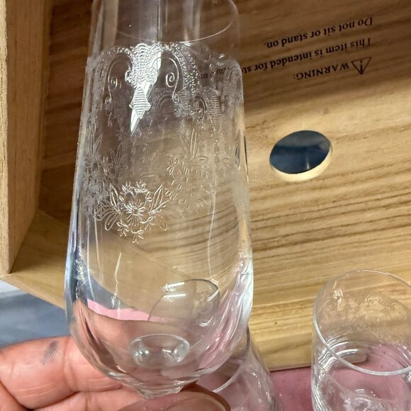 Vintage Bohemia Crystal Cascade  Etched Champagne Flutes Set Of 6 With Floral De - Picture 2 of 5